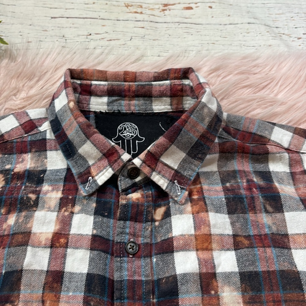Two Gypsea Souls Unisex Upcycleded Bleached Distressed Flannel Button Down - Picture 2 of 10